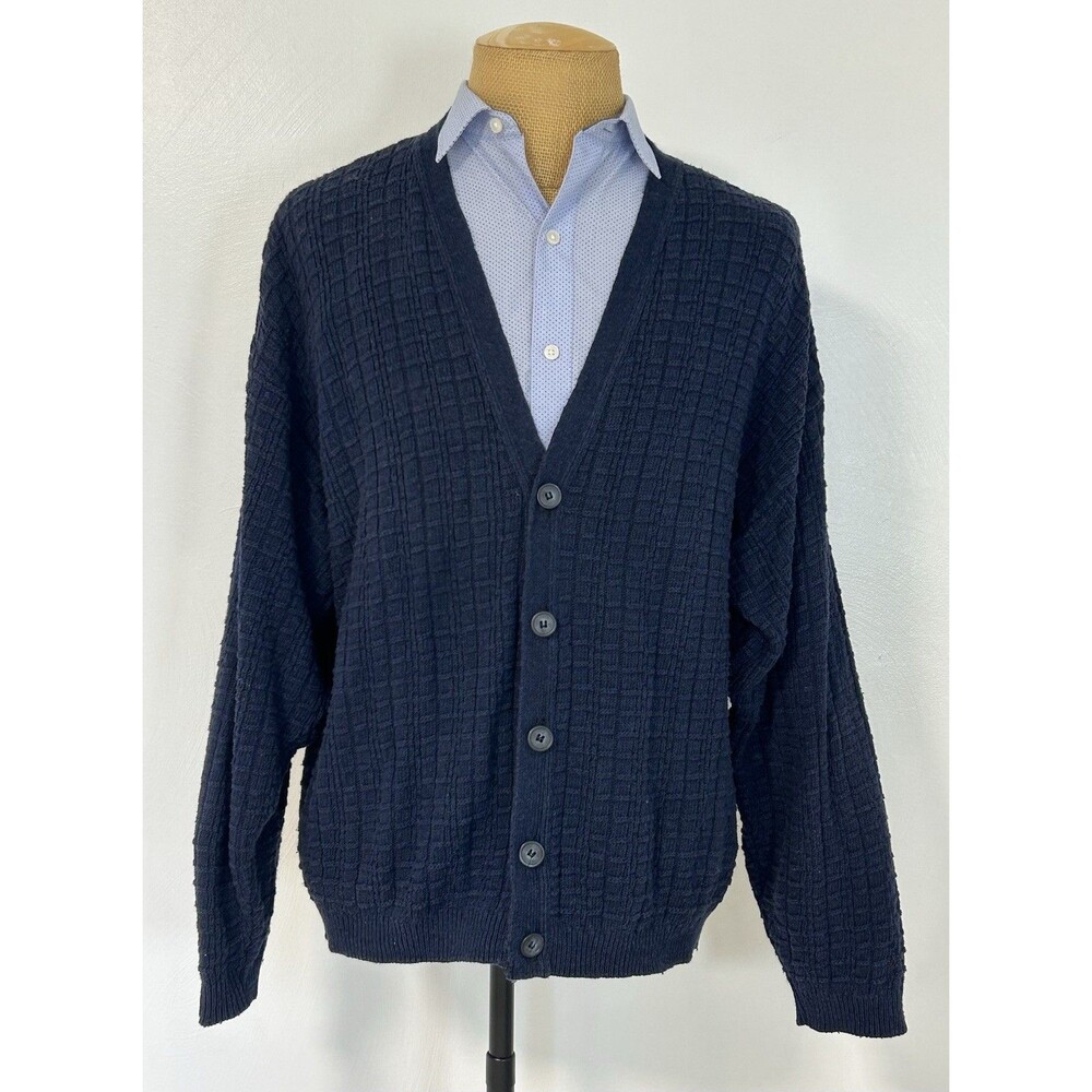 Vintage Alpine Ridge Grandpa Sweater 100% Cotton Large Navy Blue Waffle Knit